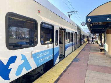 VTA Lightrail Train Passengers boarding VTA light rail train