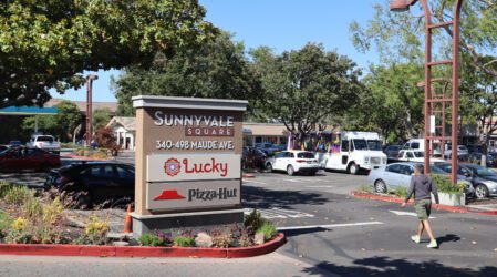 Sunnyvale Lucky Village Center Photo of a parking lot and sign showing the address of Sunnyvale Square, 340-498 Maude Ave, where there's a Lucky Supermarket and Pizza Hut